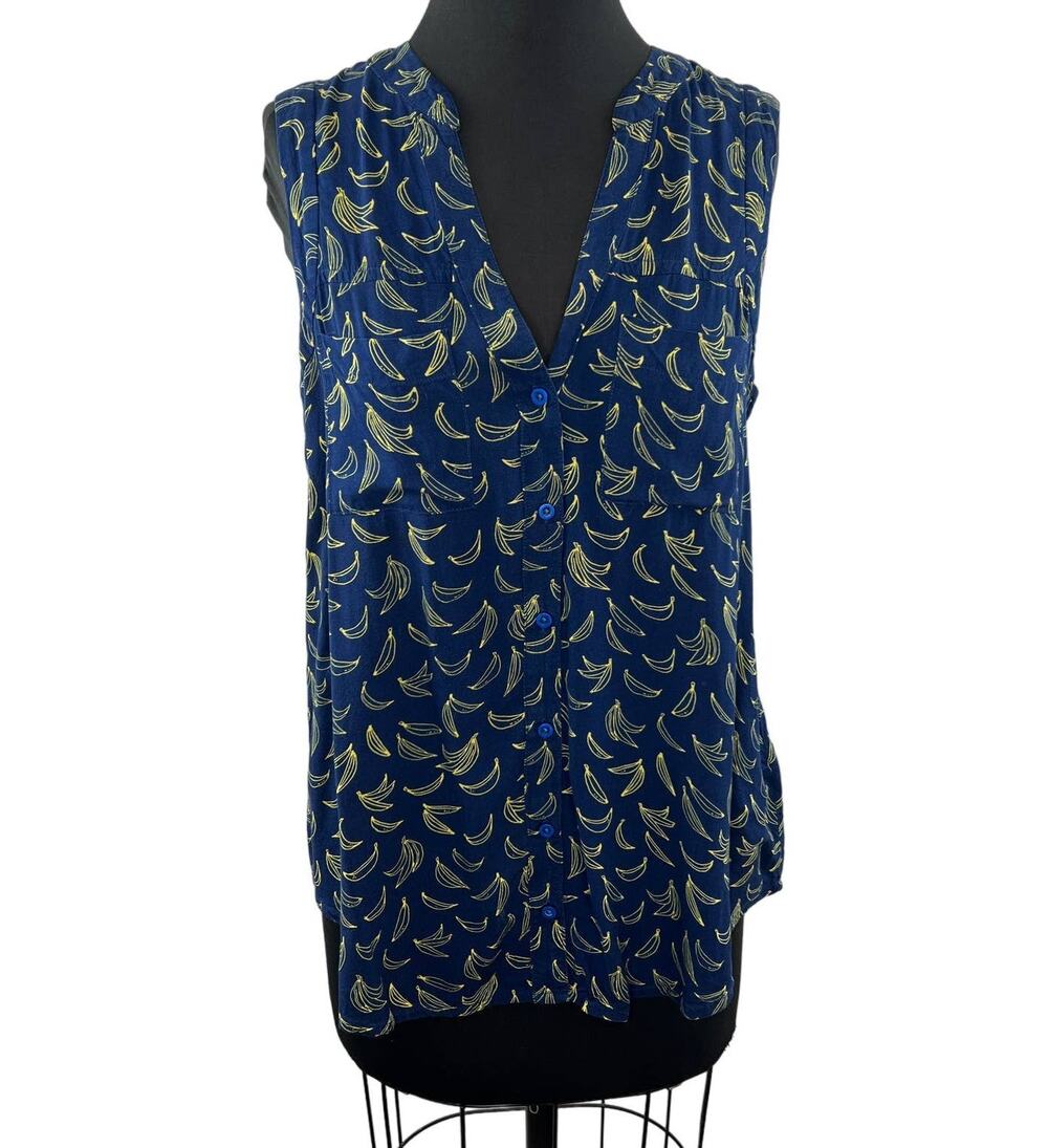 Anthropologie MAEVE Blue Yellow Banana Print Button-Up Sleeveless Top Tank 6 S